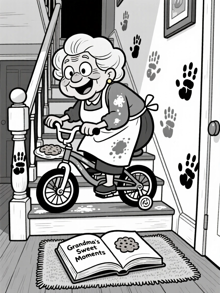 A grandmother baking cookies with flour on her cheek, wobbling on training wheels for the first time, set on a squeaky staircase decorated with handprint art. A dog-eared storybook lies open on the rug. It's a small, ordinary moment that feels quietly precious.