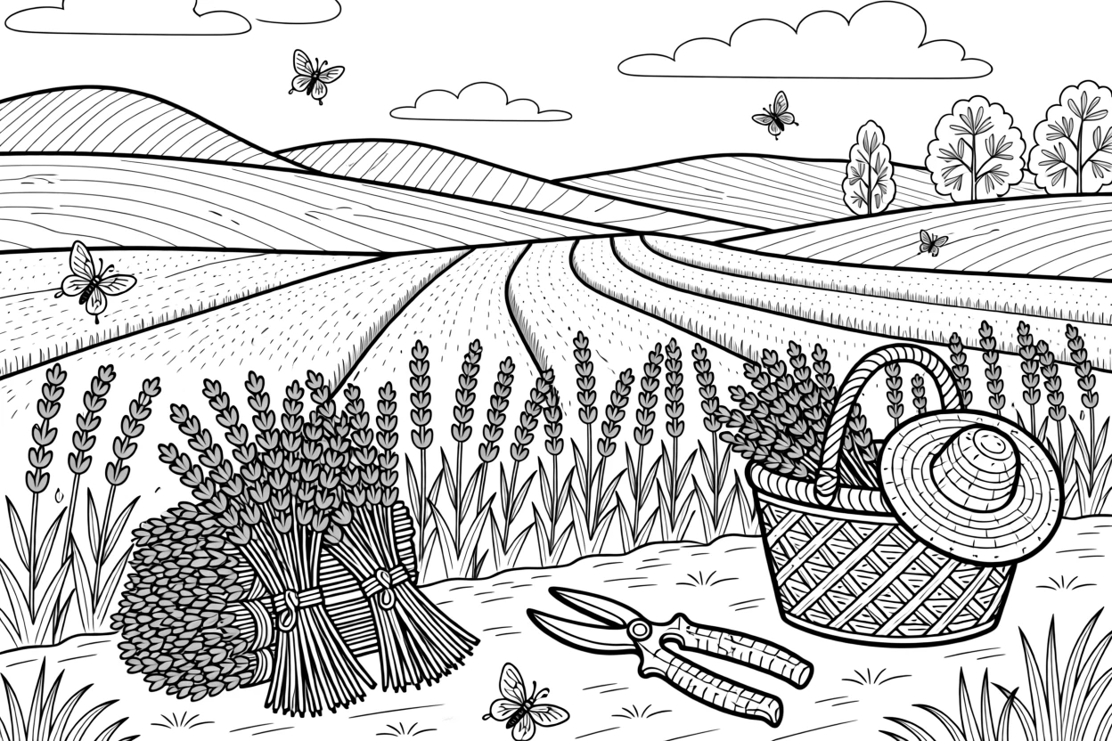 A field of lavender being harvested with bundles tied and stacked.
