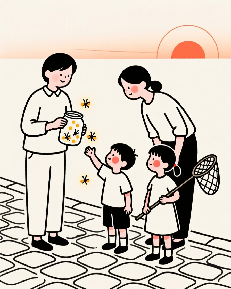 A family of four catching fireflies in a jar at dusk, on a quiet cobblestone street.