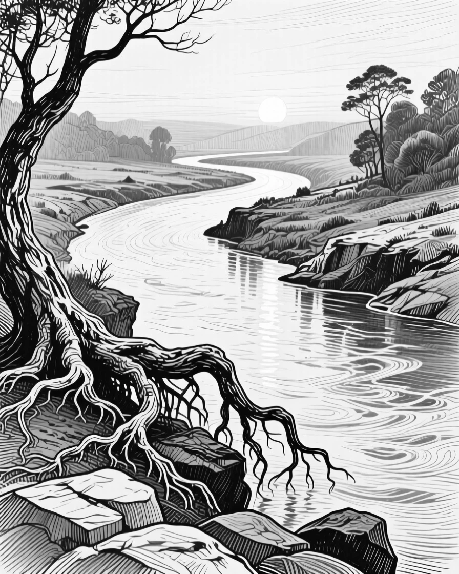A winding river under the soft glow of early morning light, with gnarled roots gripping the rocky soil, evoking a gently nostalgic atmosphere in a wide, balanced composition.