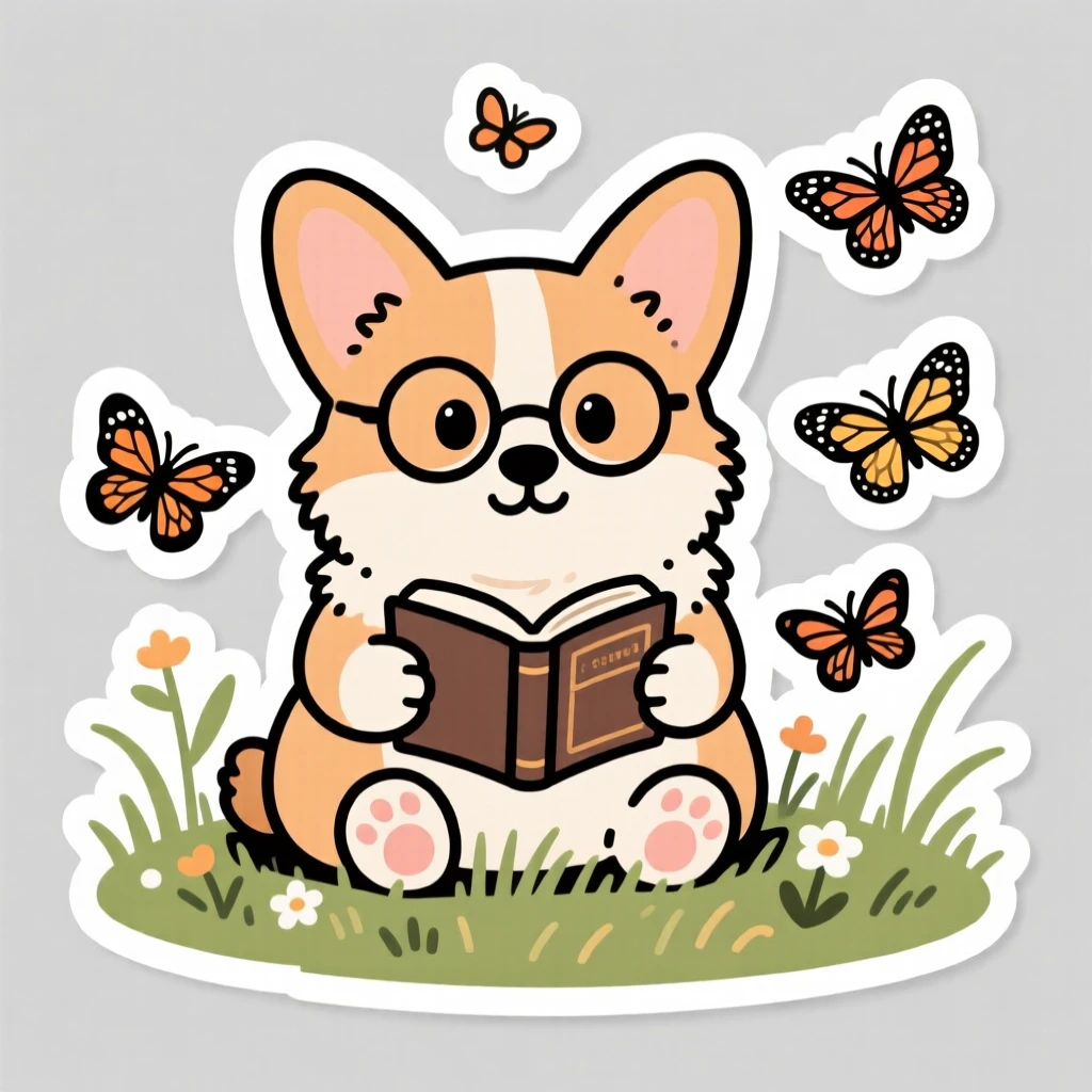 A gentle fluffy corgi puppy wearing round glasses and reading a tiny book, in a meadow with butterflies fluttering around.
