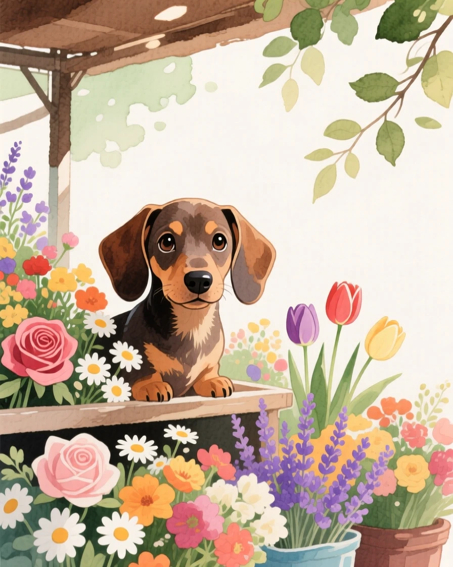 A dachshund puppy peeks out curiously in a market stall of flowers, while soft light filters through nearby leaves