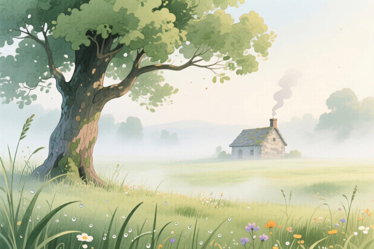 A meadow blanketed in morning fog with a lone oak tree, with a small stone cottage nestled in the distance, inspiring a sense of calm and wonder.