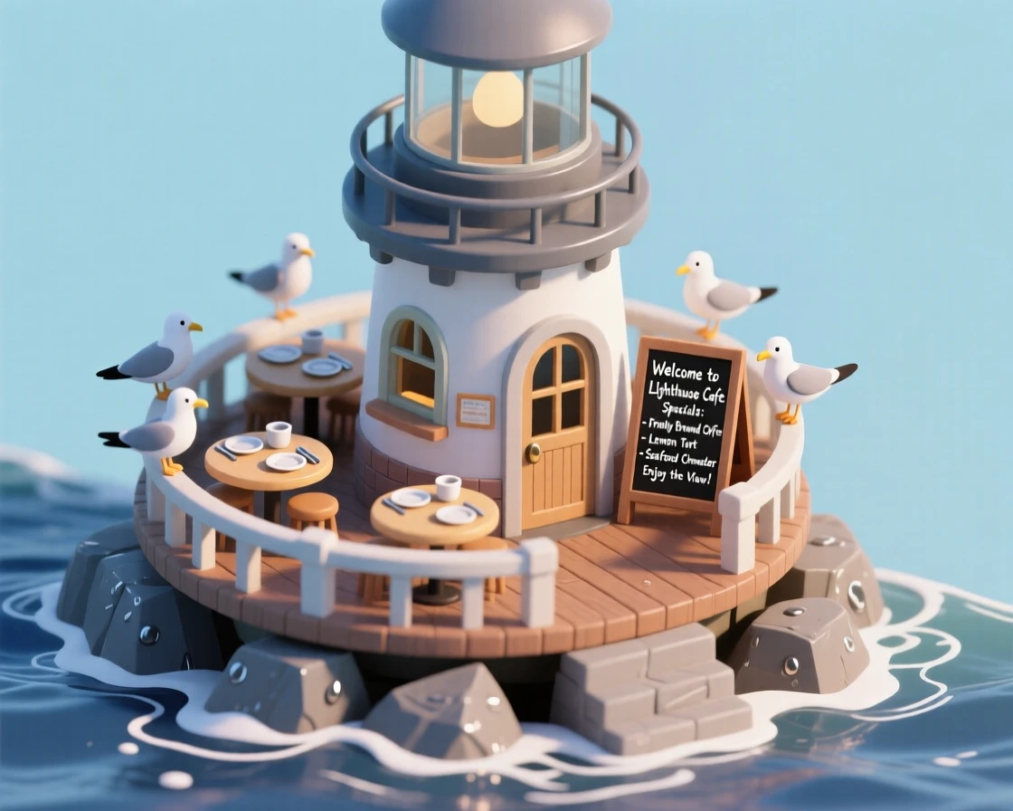 A converted lighthouse cafe with tables set on a circular balcony, a chalkboard menu by the door, seabirds perched on the railing, and waves crashing on rocks below.