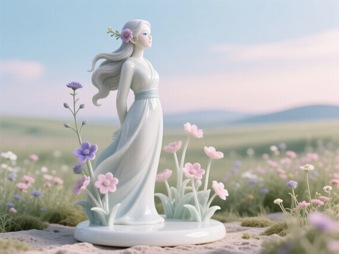 A gentle warrior maiden gazing toward the horizon in a wildflower field under a pastel sky, a single flower tucked behind her ear.