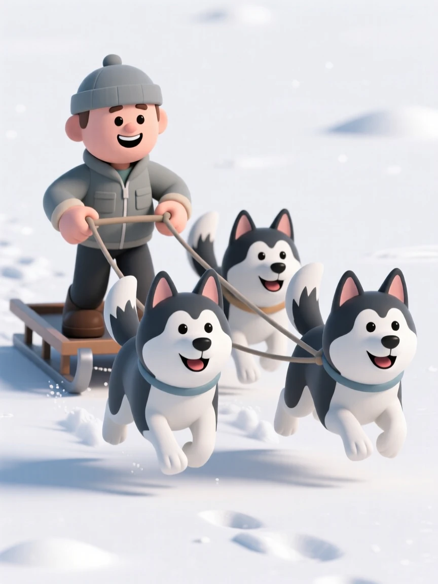 A determined sled dog musher cracks a joyful smile, reins in hand as a team of huskies races across the snow.