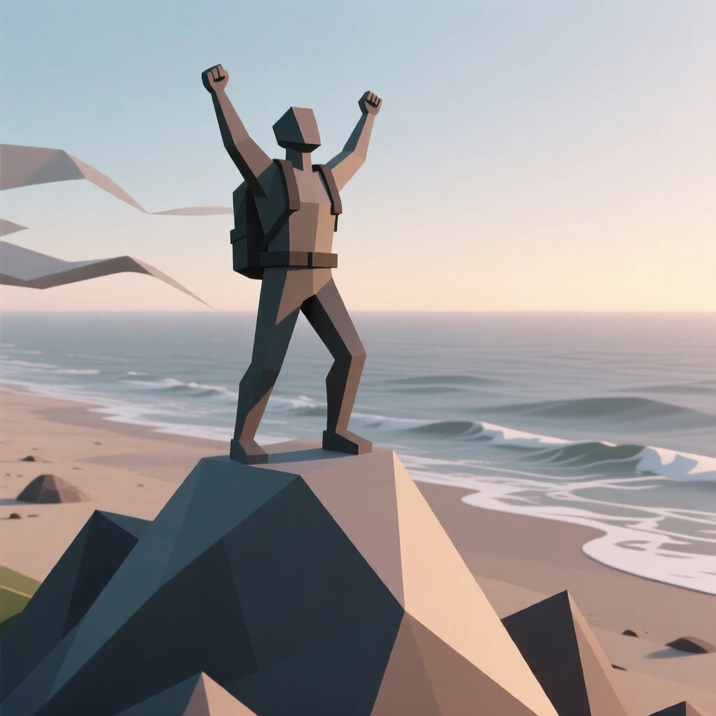 A hiker standing triumphantly on a mountain summit, on a windswept beach at dawn. the composition captures genuine, candid emotion. The scene radiates pure joy.