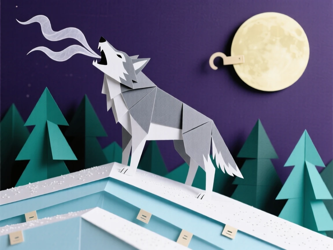 A wolf howling atop a snowy ridge under a full moon, its breath visible in the cold air, distant pine forest below, evoking wild solitude and primal beauty.