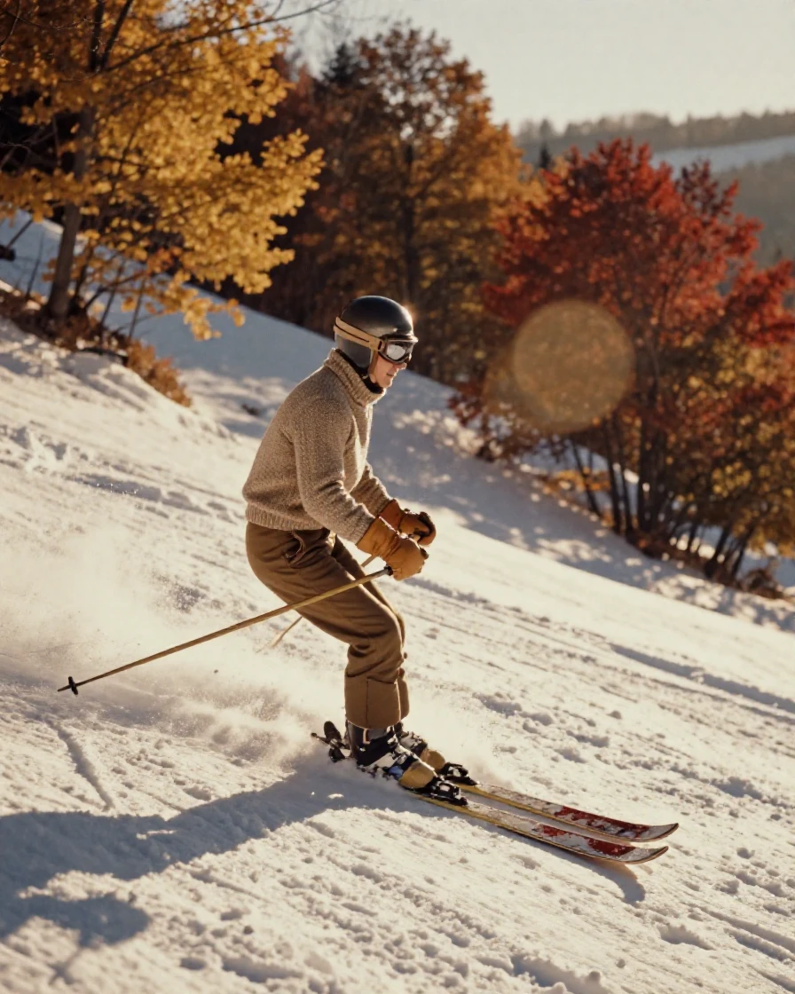 A skier carving fresh tracks down a powdery slope, in warm morning light, as heat shimmers over the ground, as autumn leaves turn gold and red, with a soft sepia-tinted glow, over the shoulder of the main subject.