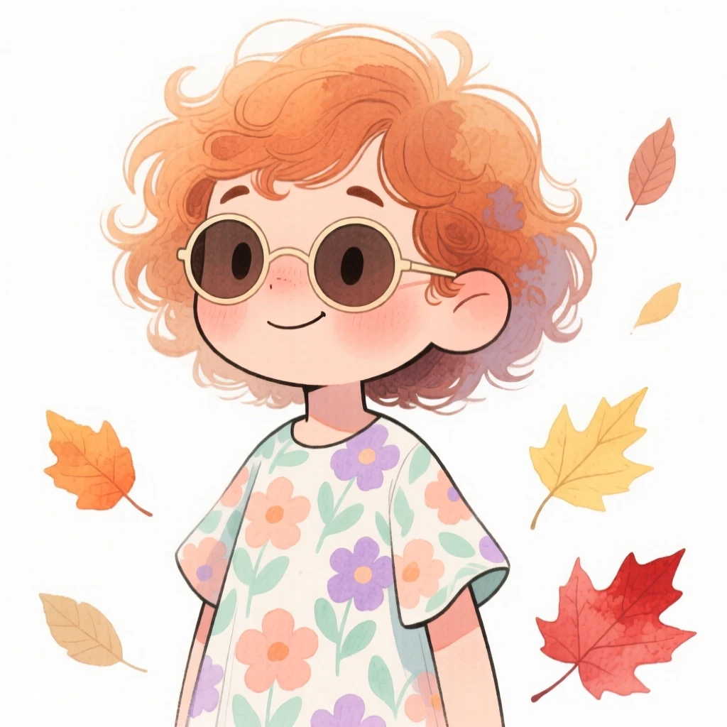 A little boy with long curly auburn hair, giving a confident smirk, wearing a flowy floral sundress and wearing round vintage sunglasses, surrounded by autumn leaves