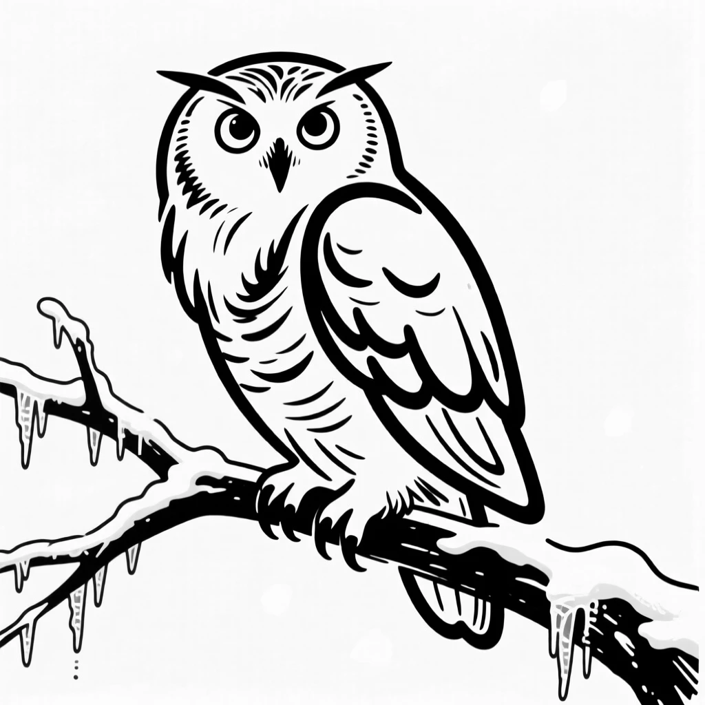A snowy owl perched on a frost-covered branch, eyes wide open.
