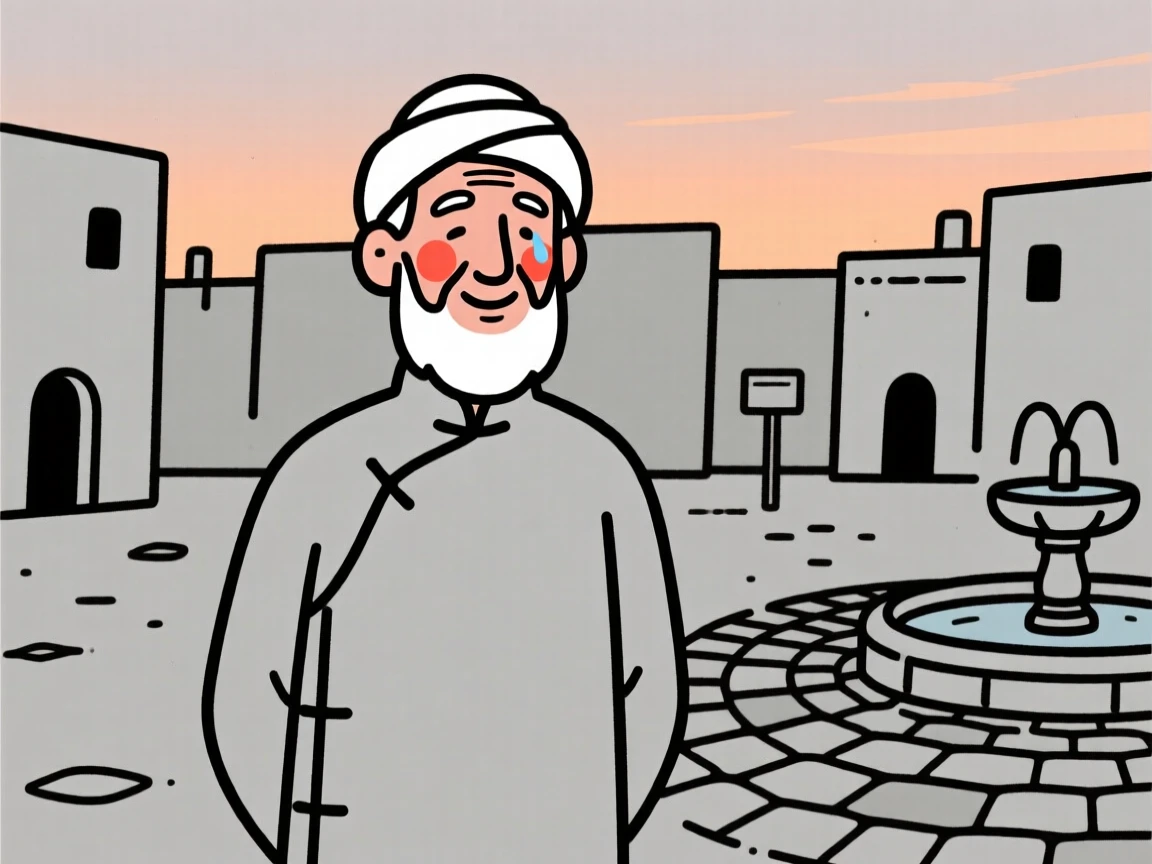 A wise old man of Moroccan heritage wearing a Chinese qipao, holding back happy tears, on a village square at dusk.