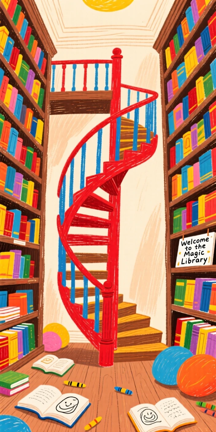 A grand library with towering shelves and a spiral staircase.