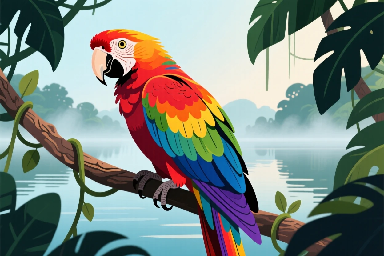 A macaw with a rainbow of feathers perched on a jungle vine, surrounded by soft morning mist over a quiet lake, shown in close-up detail highlighting texture and expression, with vivid, richly saturated colors that pop.