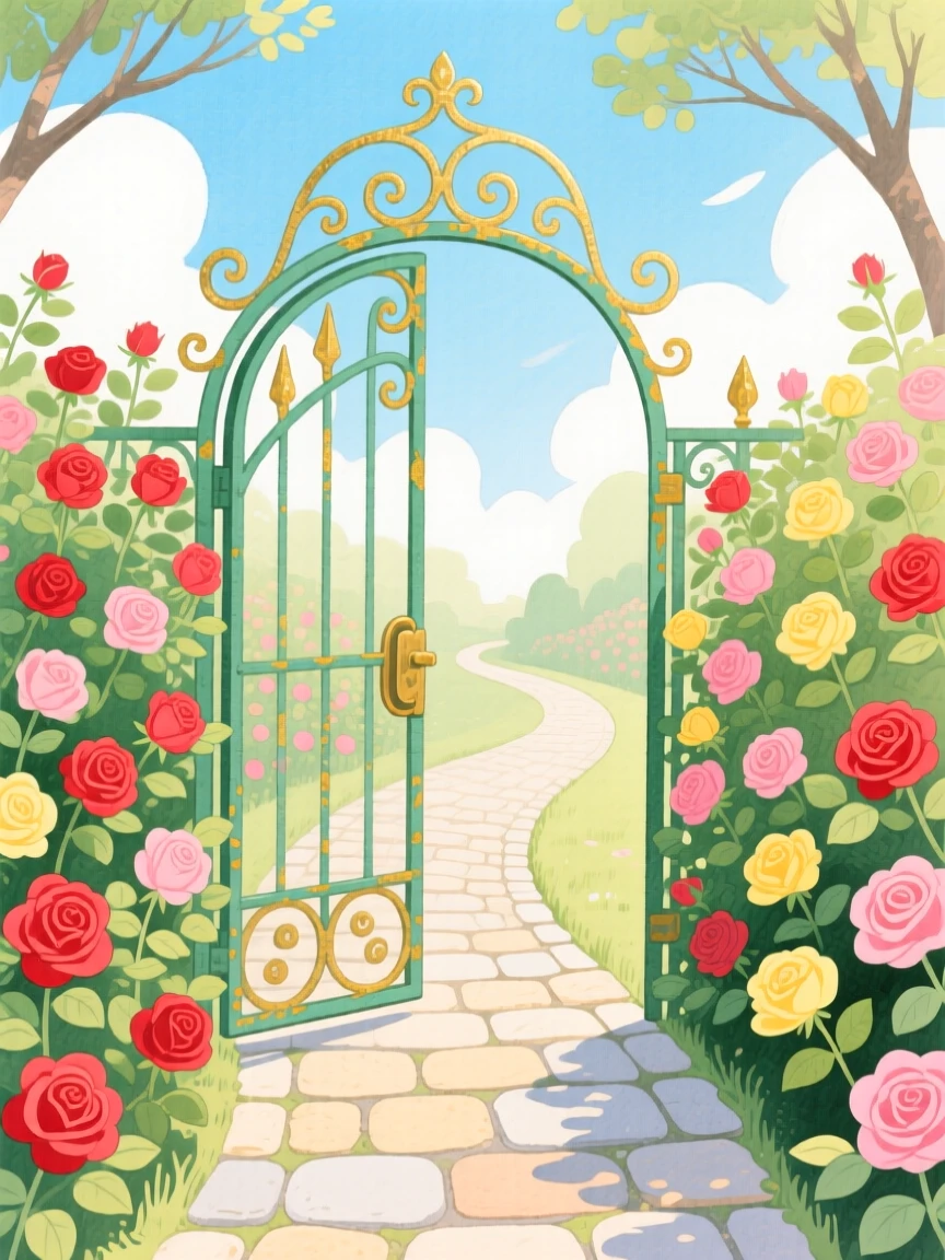 A thrilling glimpse of a secret garden gate opening onto a path of blooming roses.