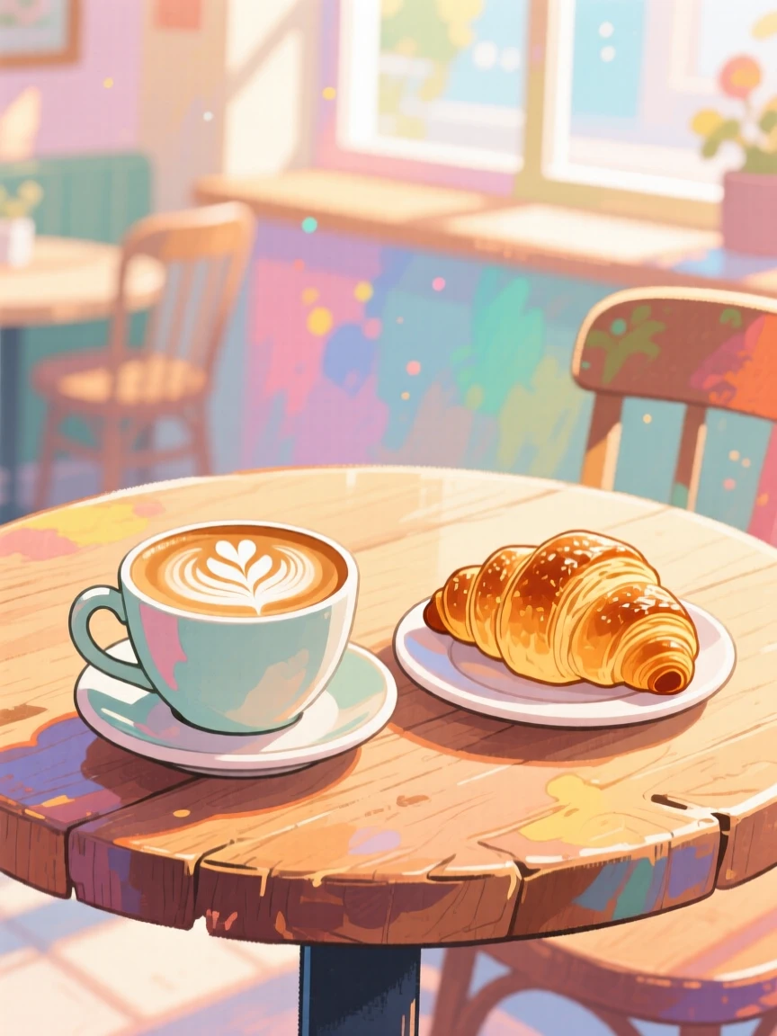 A cozy café table with a latte topped with delicate foam art beside a croissant, brimming with festive, mouthwatering delight.