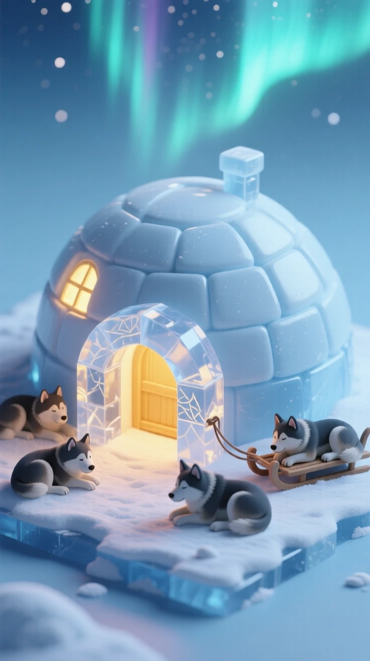 A snug igloo-style home with a warm glow from within, sled dogs curled outside, an ice-carved entrance archway, and the aurora shimmering faintly in the sky above.