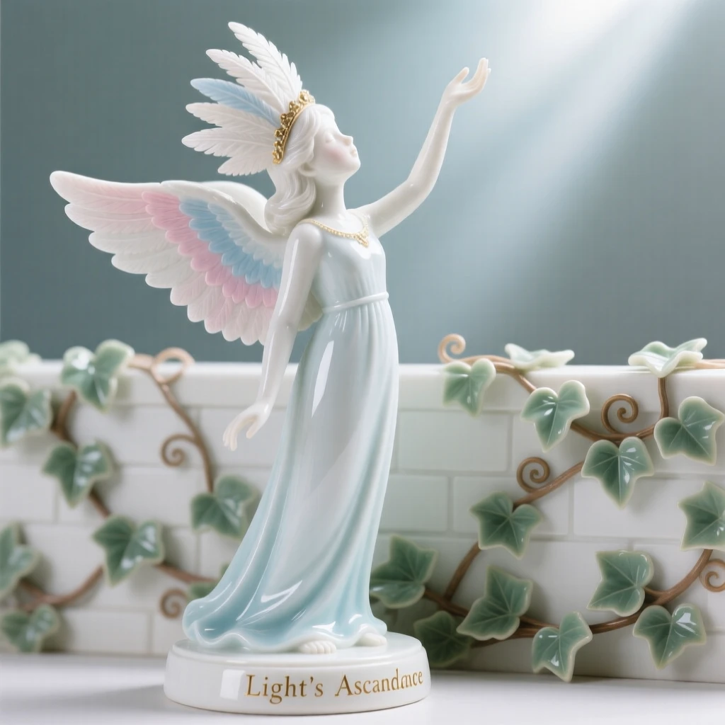 An angel-winged girl reaching upward toward the light, wearing a feathered ceremonial headdress, her posture calm and dignified, set against an ivy-covered garden wall.