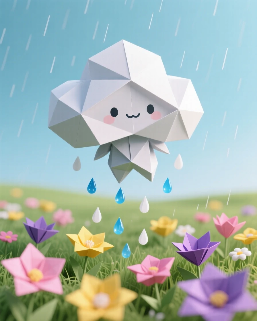 A tiny cloud creature drifting lazily over a meadow, raining a light sprinkle onto flowers below.