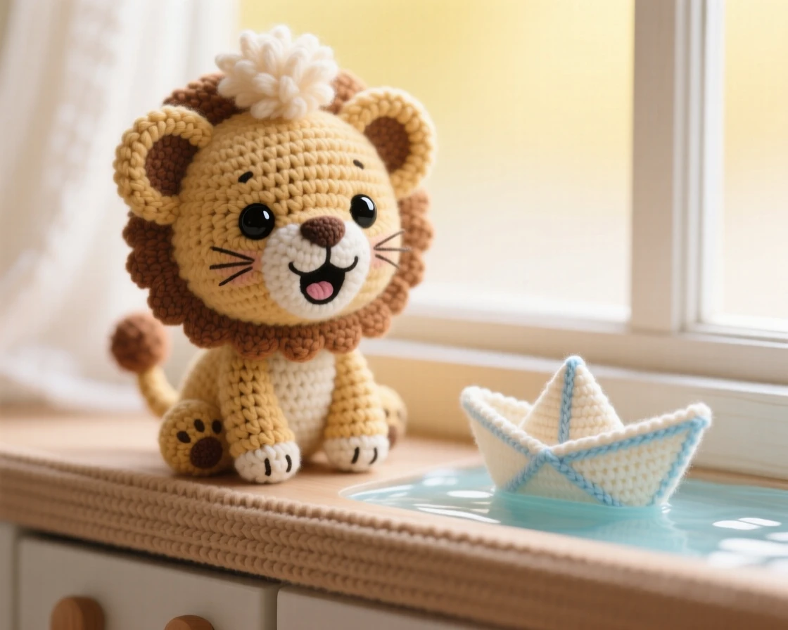 A heartwarming close-up of a small baby lion cub, with a fuzzy tuft on its head and round ears, roaring in a tiny adorable way in a warm kitchen windowsill with morning light streaming in; a tiny paper boat floating nearby completes the scene, radiating warm affection and comfortable belonging.