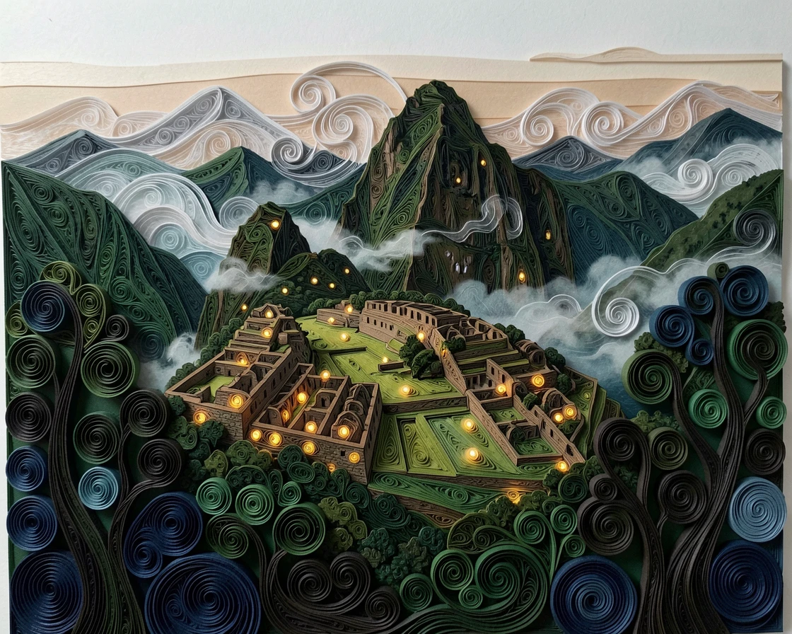 A breathtaking view of Machu Picchu perched among green Andean peaks wrapped in gentle morning mist, with twinkling lights beginning to glow at dusk, framed by silhouetted trees in the foreground.