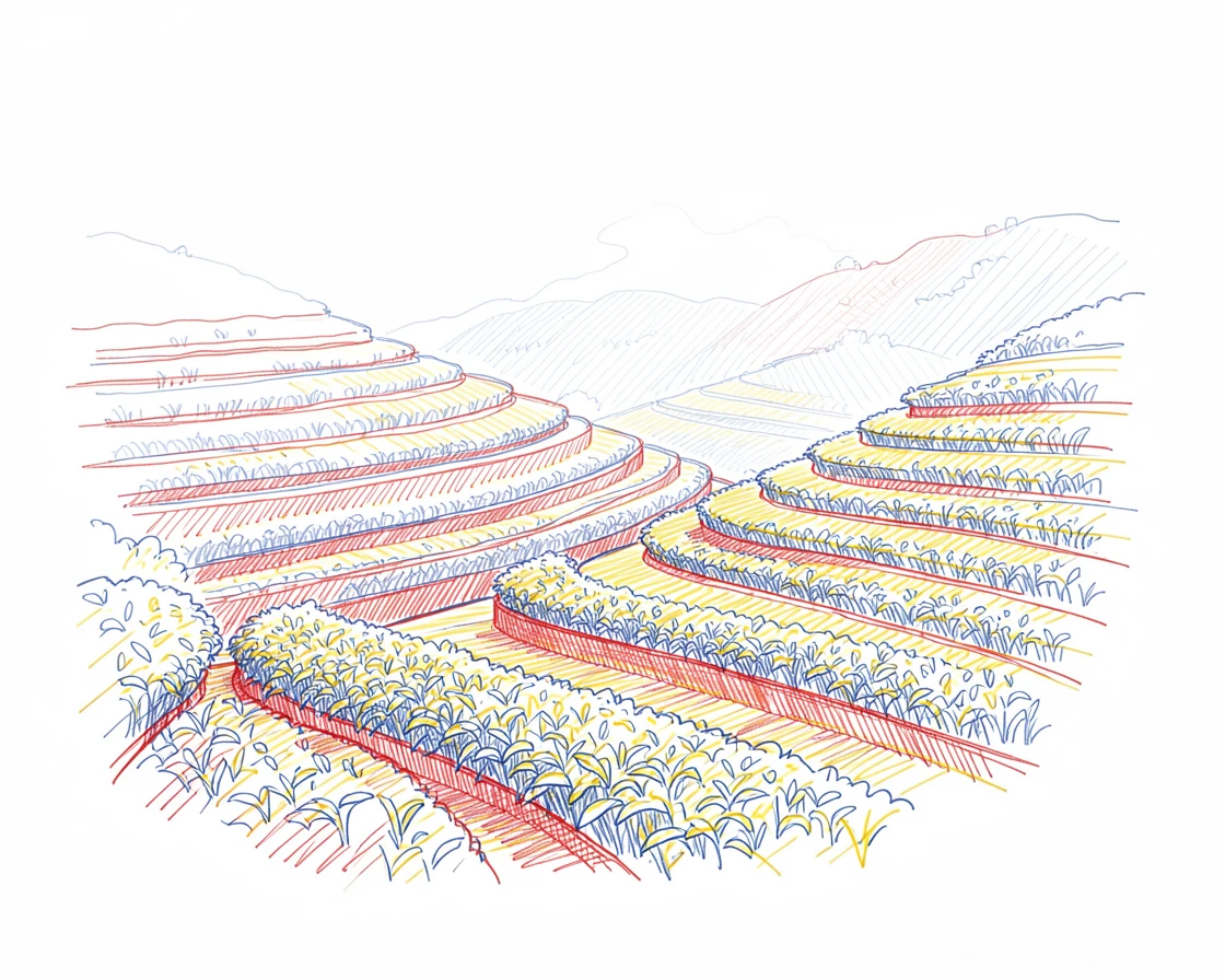 A terraced hillside of tea plantations wrapped in morning mist