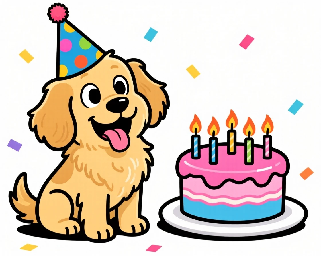 A playful pet moment featuring a fluffy golden retriever wearing a party hat, tongue lolling out, sitting proudly beside a birthday cake.