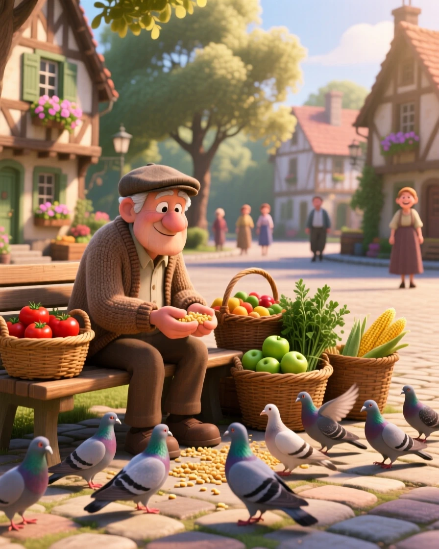 An elderly man feeding pigeons in a park is captured at a village square during a quiet afternoon, with baskets of fresh produce stacked neatly. A quiet, wholesome charm lingers over the moment.