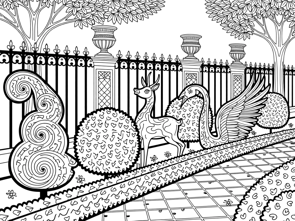 A row of topiary shrubs shaped into spirals and animals in a formal garden.