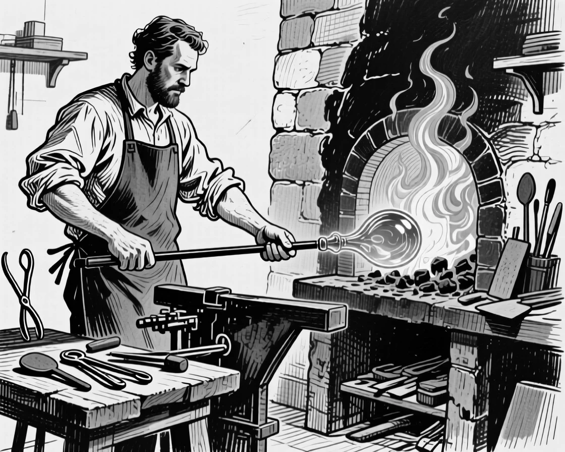 A glassblower shaping molten glass at the end of a long blowpipe near a furnace.