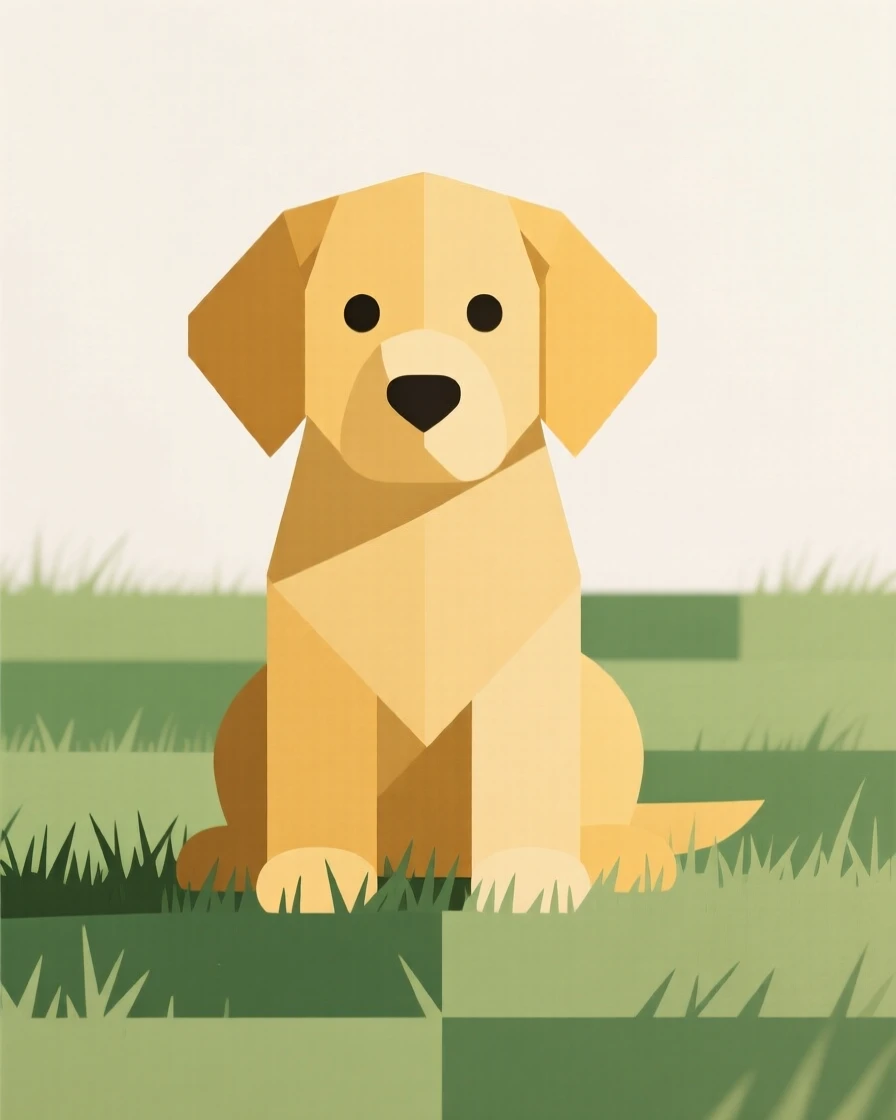 A golden retriever puppy sitting in a grassy field