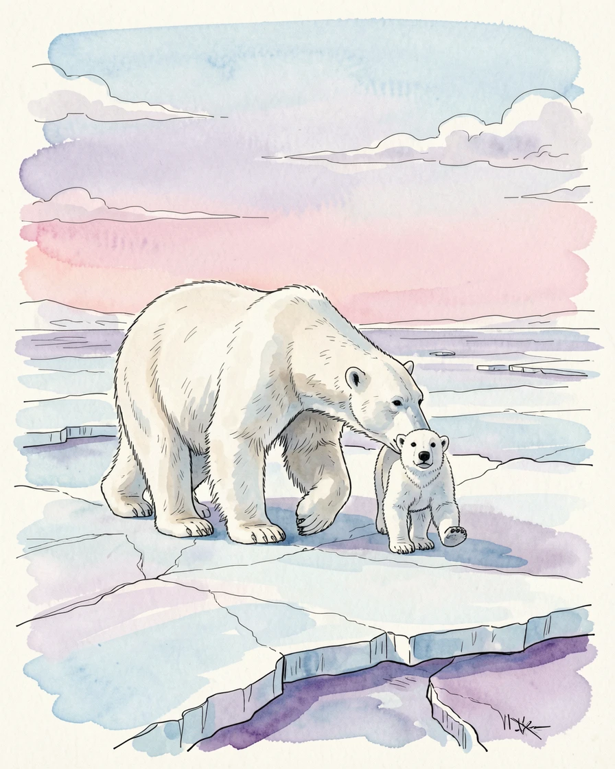 A polar bear and her cub walking across an ice floe under a soft arctic sky