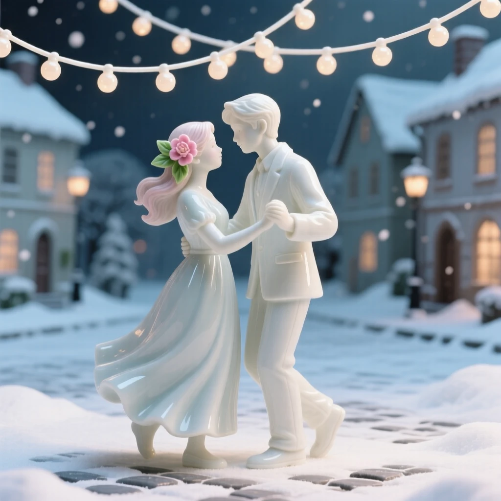 A tender scene of a young couple dancing slowly beneath string lights in a snowy village square, a single flower tucked behind her ear.