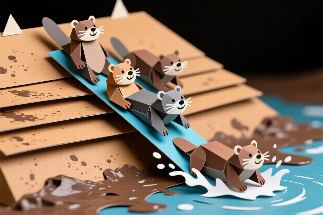 A family of otters sliding down a muddy riverbank into the water one after another, splashing joyfully, capturing playful family fun.