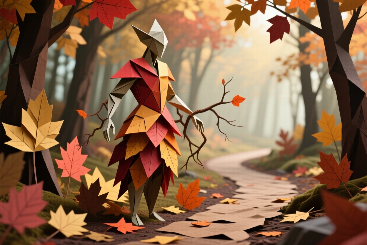 A forest spirit formed entirely of autumn leaves standing at the edge of a quiet woodland path.