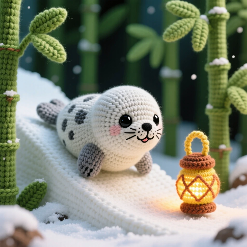 a round baby seal pup with silvery spotted fur is shown sliding happily down a snowy slope on its belly within a lush bamboo grove, accompanied by a small lantern glowing warmly beside it, capturing cheerful energy and boundless enthusiasm.