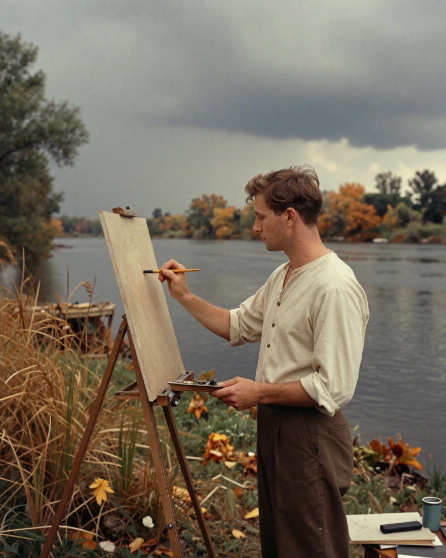 A painter working en plein air beside a quiet riverbank, in gentle diffused daylight, under a darkening storm sky, as summer fades into fall, in warm honey and cream tones, from a three-quarter angle.