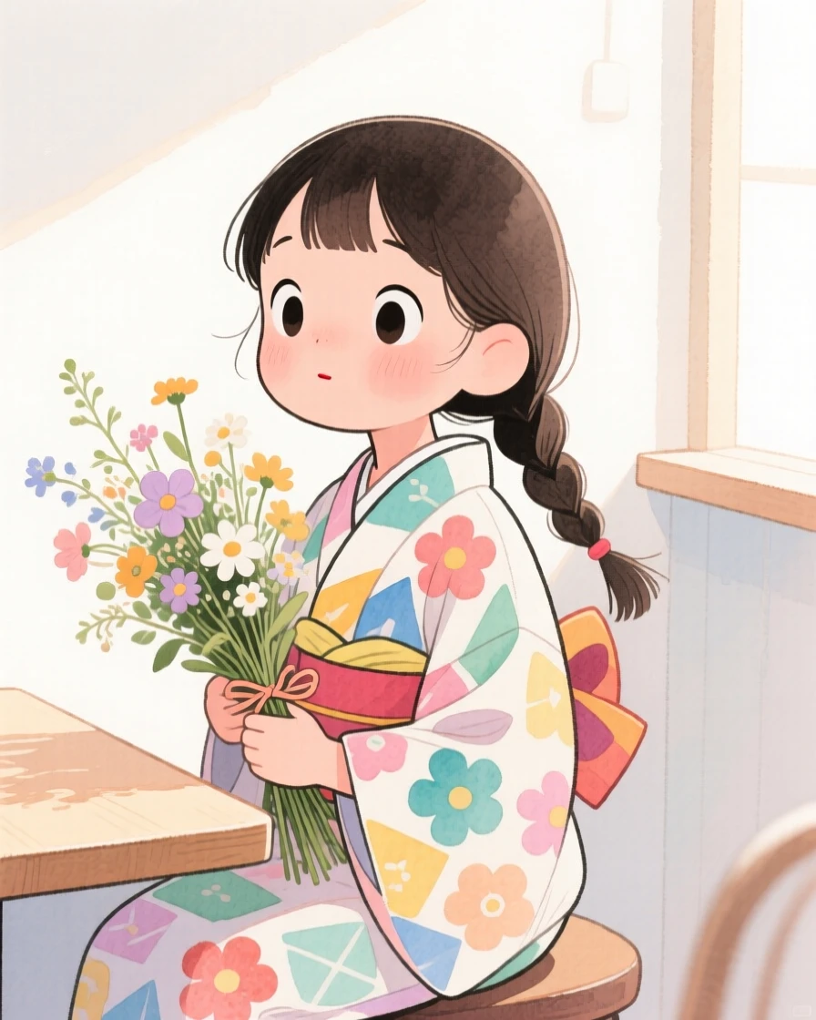A little girl with a single thick braid over one shoulder, biting her lip shyly, wearing a colorful patterned kimono and cradling a bouquet of wildflowers, in a softly lit café corner