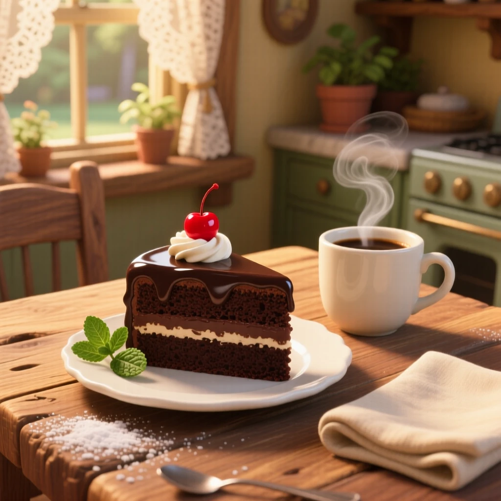 A slice of rich chocolate layer cake sits on a rustic wooden farmhouse table, next to a steaming cup of coffee. A cheerful, mouthwatering warmth surrounds the dish.