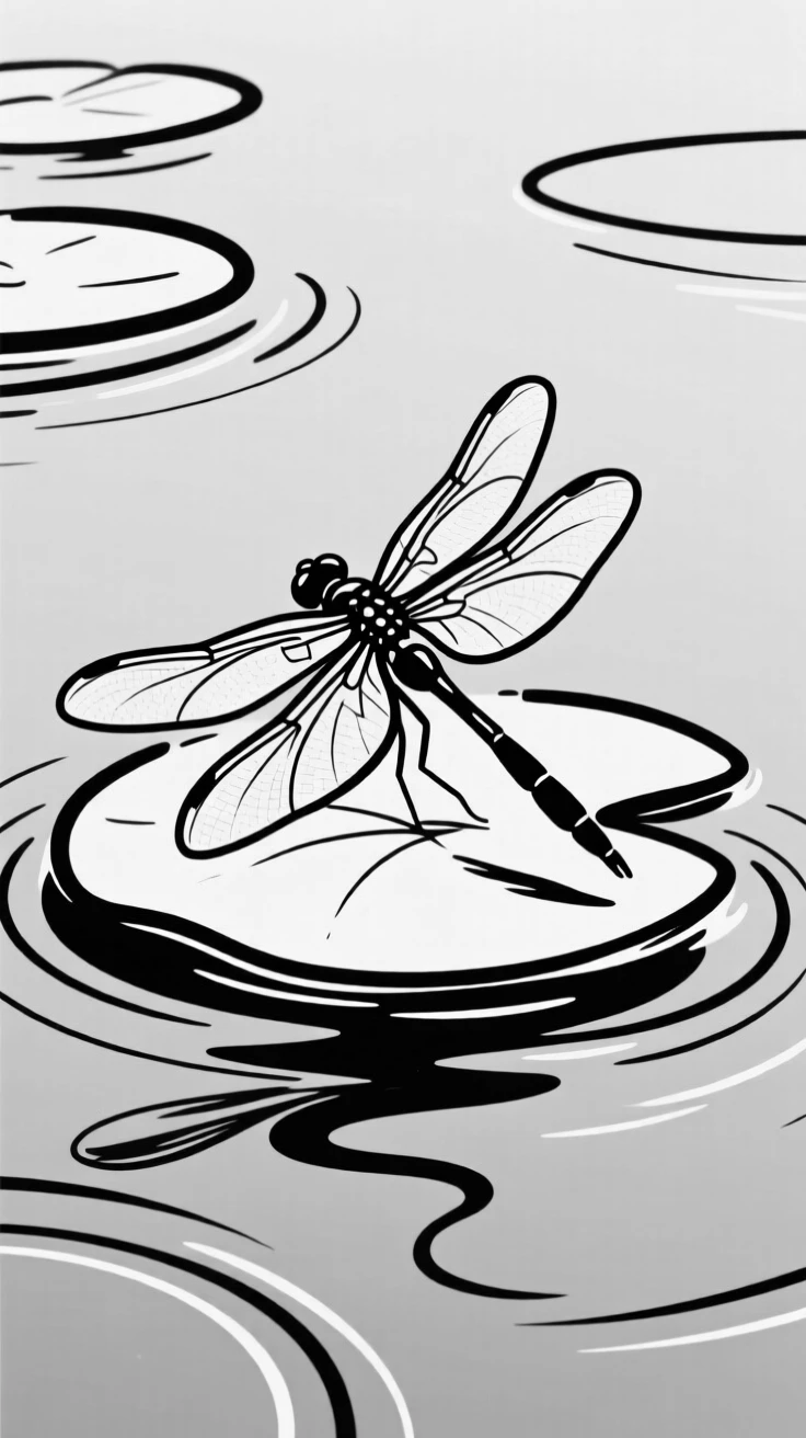 A dragonfly resting on a lily pad in a still pond.
