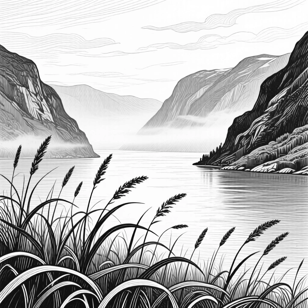 A quiet fjord as fog rolls slowly across the valley, with tall grasses bending in the wind, evoking a calm and meditative atmosphere in a wide, balanced composition.