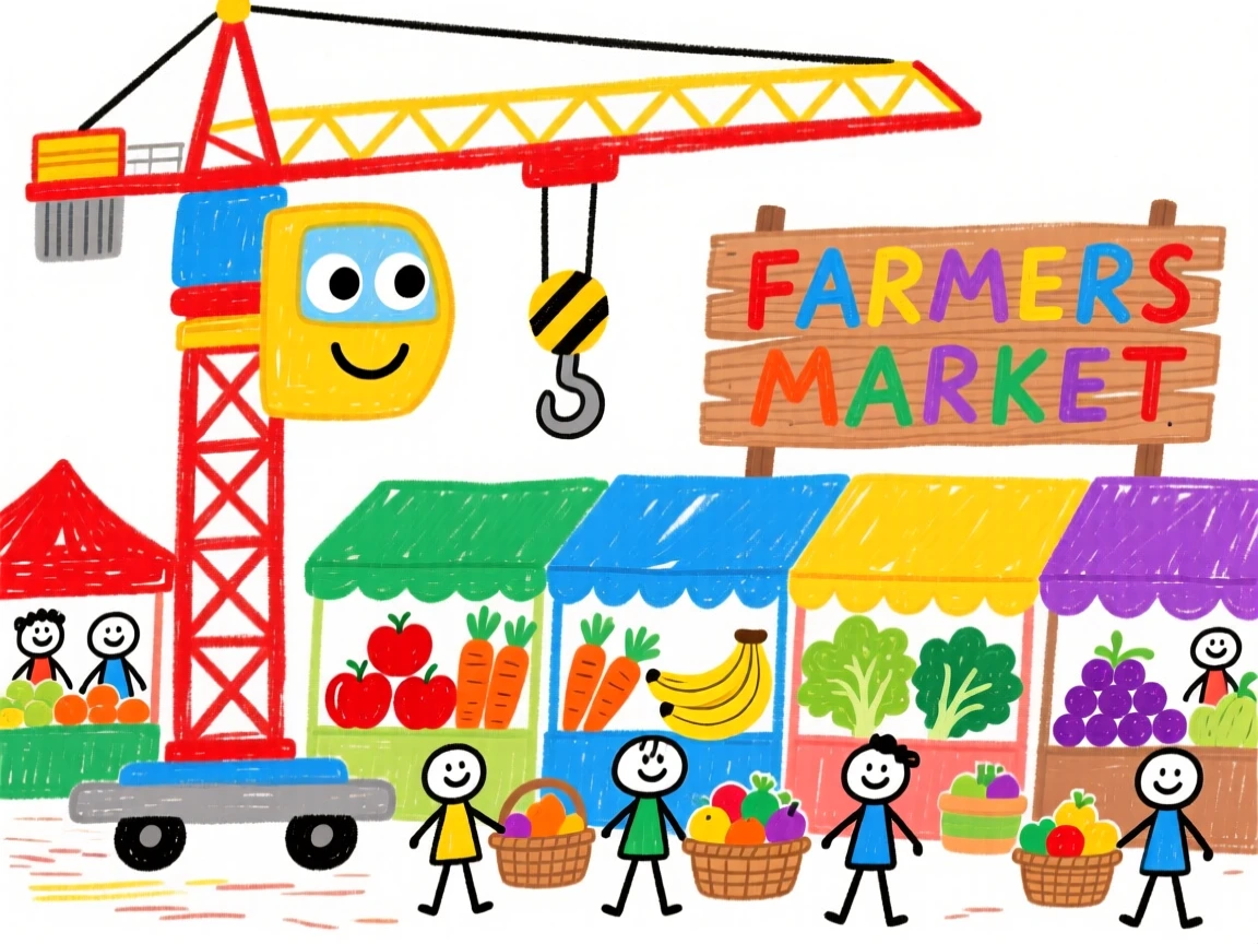 A bustling construction crane parked beside a colorful farmers market.