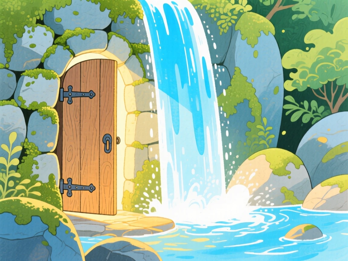 A secret door hidden behind a waterfall, bathed in soft magical light.
