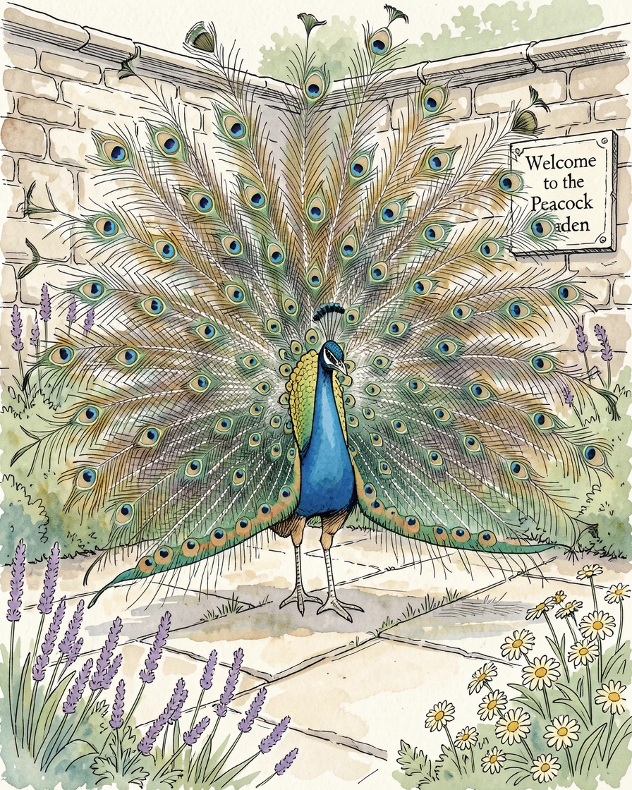 A peacock displaying its full iridescent tail feathers in a garden courtyard