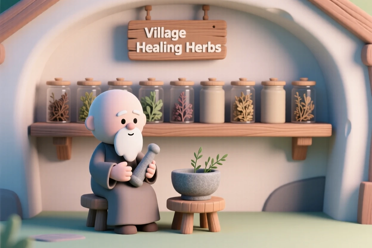 A wise village healer grinds herbs with a stone mortar, jars of dried plants lining the shelves of a small cottage.