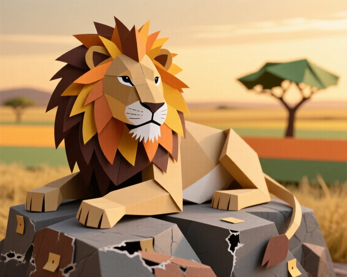 A majestic lion resting on a rocky outcrop overlooking the savanna at golden hour, its mane catching the warm light, conveying regal calm and authority.