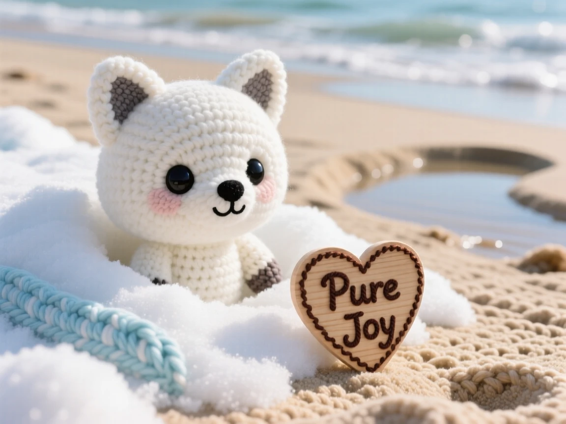 a baby arctic fox, with thick white fur and dark eyes, peeking out from behind a snowdrift, set in a sandy beach at low tide, with a little wooden sign shaped like a heart, evoking a moment of pure innocent joy.