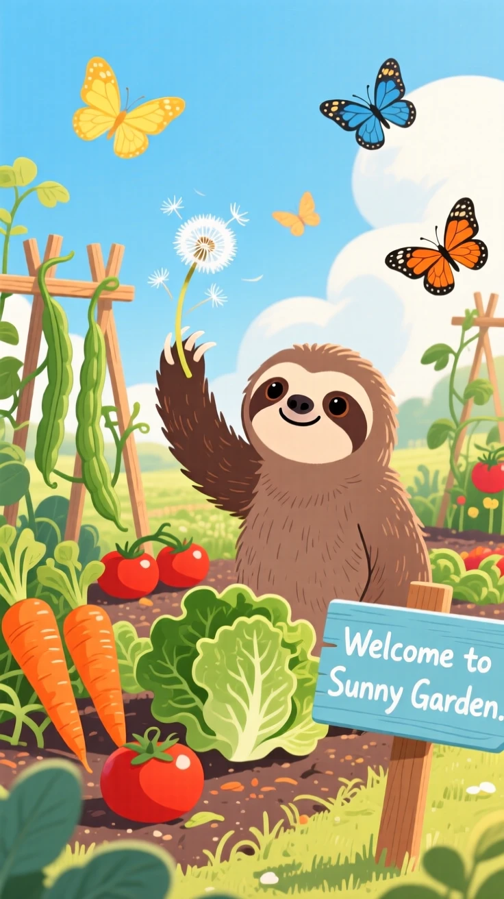In a tidy vegetable garden, a slow-moving sloth spends the afternoon chasing a floating dandelion seed, while butterflies flutter nearby.