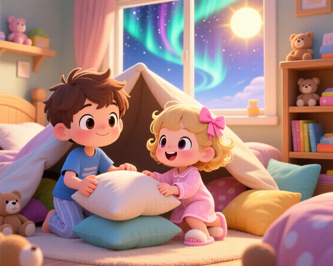 A small boy building a pillow fort with his little sister, framed as a close-up portrait within a cozy bedroom, beneath swirling aurora-lit skies, glowing under bright midday sun, evoking warm affection.