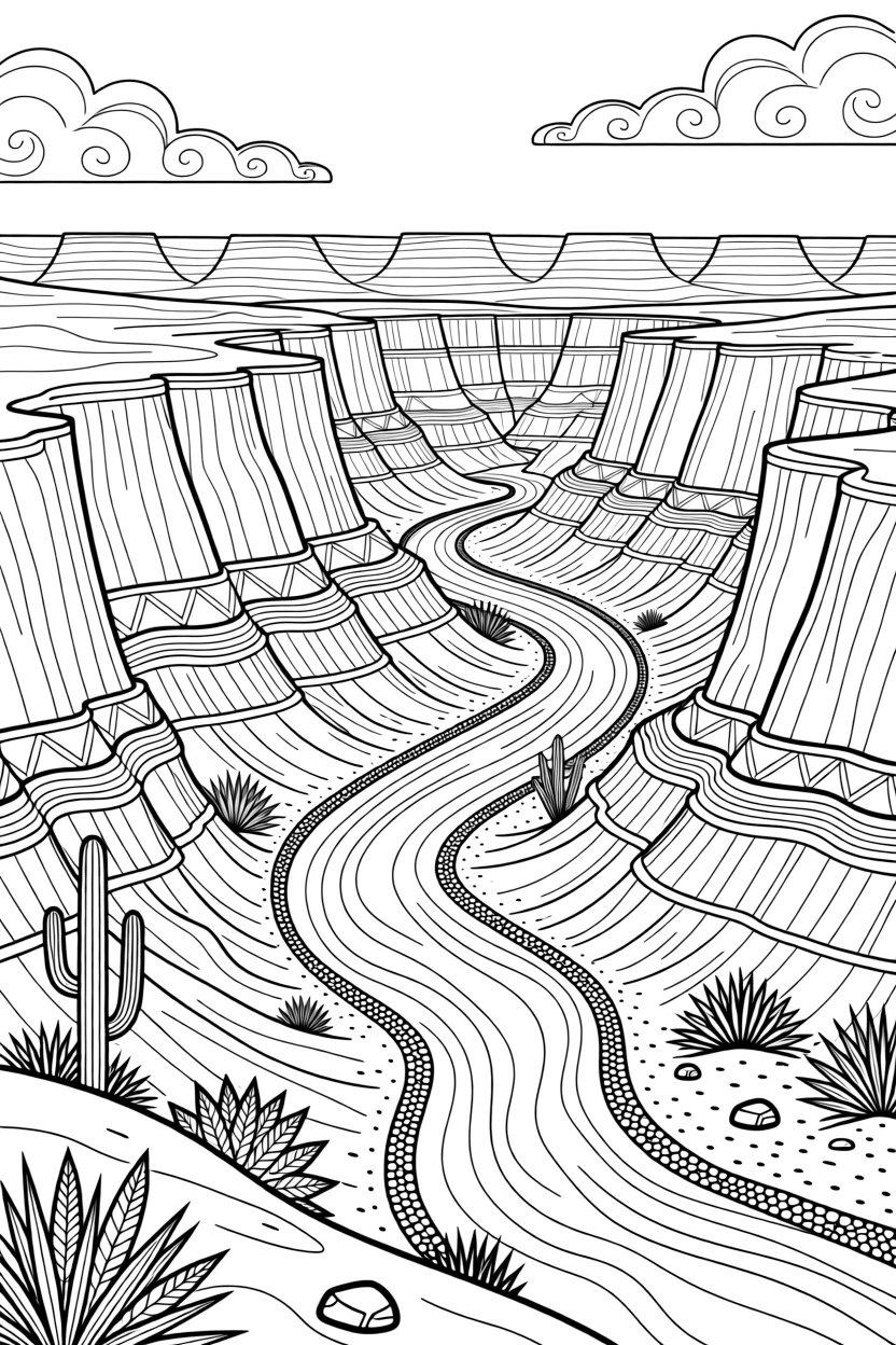 A canyon landscape with layered rock strata and a winding river below.